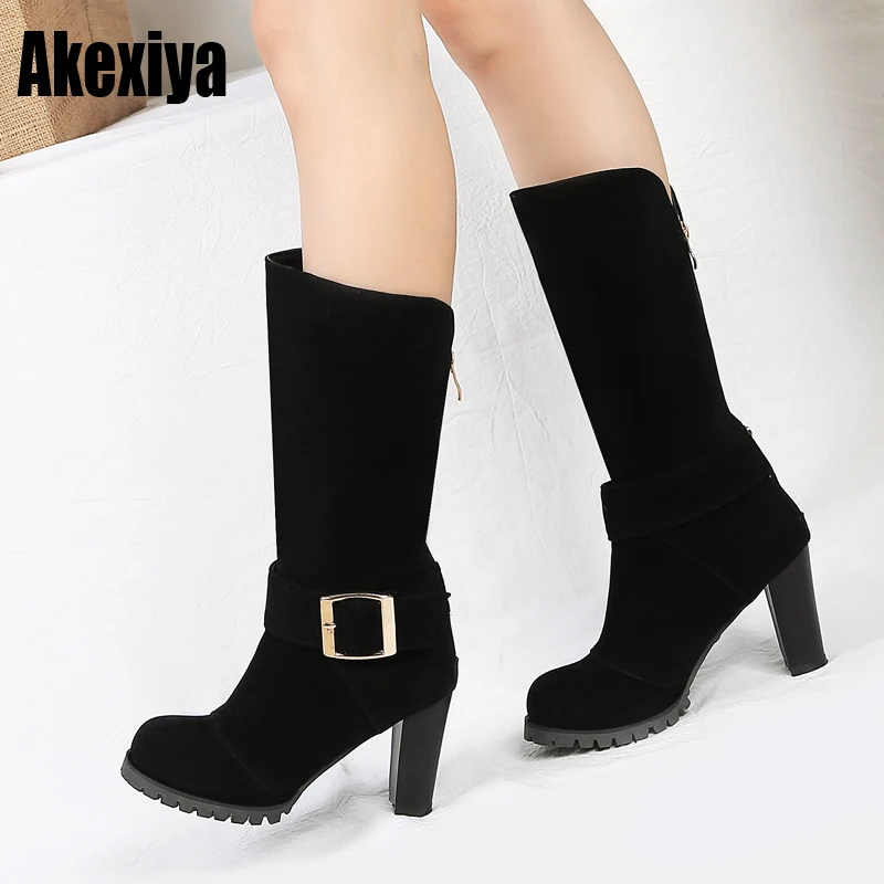Goedkoop Nieuwe Zwarte Brede Med Hakken 8 cm Riem Gesp Ronde Neus Schoenen Vrouw Koe Suede Casual Winter Mid Laarzen Grote maat 34 40