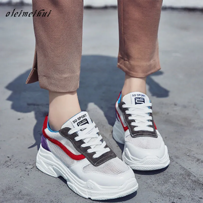 

summer Women Sneakers Genuine Leather Women Fashion Lace-up Flat Platform Shoes Mixed Colors Casual Shoes Net yarn breathable