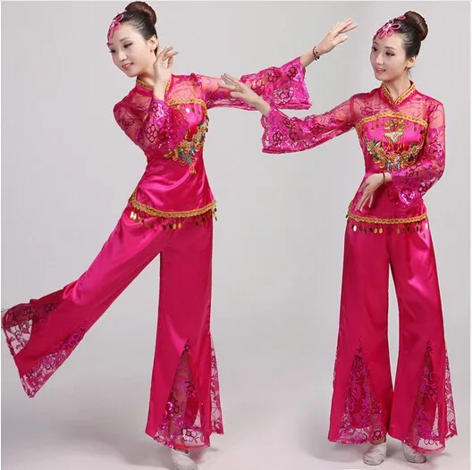 Chinese traditional costumes yangko waist drum fan dance clothing group dance stage performance classical dance costume