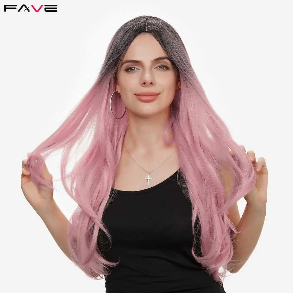 

FAVE Heat Resistant Fiber Natural Wave Wigs For Black Women Black Pink Light Rose Gold Cosplay High Density Synthetic Wig