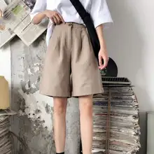 Винтажные хлопковые шорты средней длины, летние офисные женские модные свободные повседневные шорты до колена, женские Мини-Брюки с карманами XL