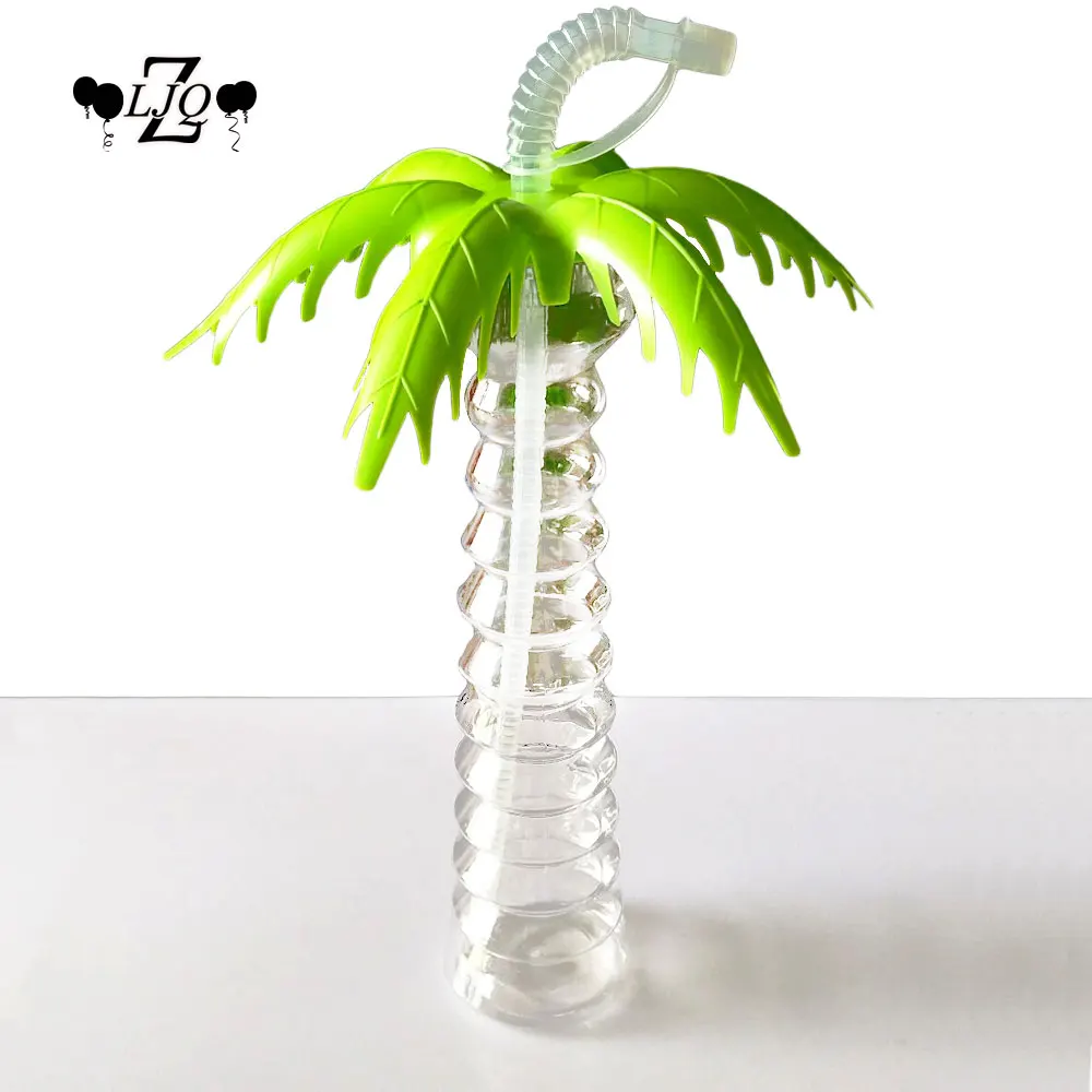 

ZLJQ 1PCS Transparent Coconut Tree 3D Straw Cup Plastic Water cup Creative Cold Drink Bottle Hawaii Beach Party with Straw