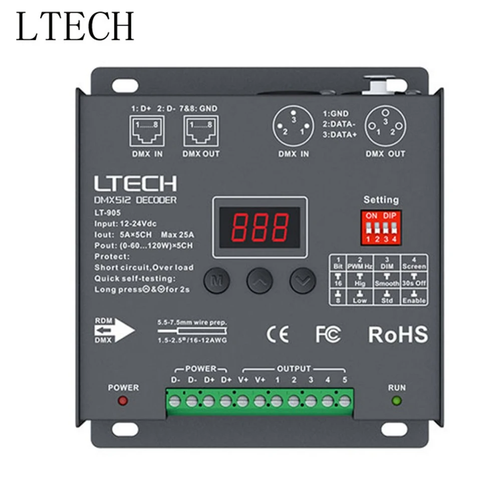 

New Ltech LT-905 Led DMX Decoder DC12V -24V input 5A*5CH Max 25A 600W output RGB/RGBW Led CV Decoder XLR-3/RJ45 Connector