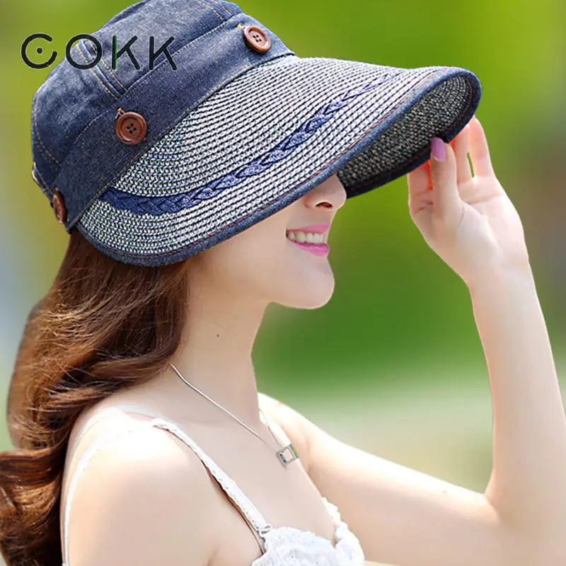 

COKK Hats Women Wide Large Brim Floppy Summer Beach Sun Hat Straw Hat Button Cap Summer Hats For Women Anti-uv Visor Cap Female