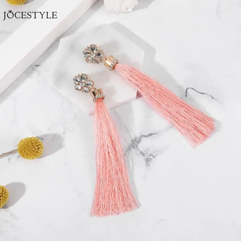 Bohemian Flower Rhinestone Long Earrings Pink Tassel Drop Earrings Women Jewelry Long Tassel Dangle Earrings Jewelry Gift
