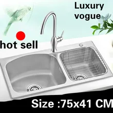 Квартиры роскошный двойной кухонный паз раковина сделать блюда прочные 304 нержавеющая сталь Горячая маленький 750x410 мм