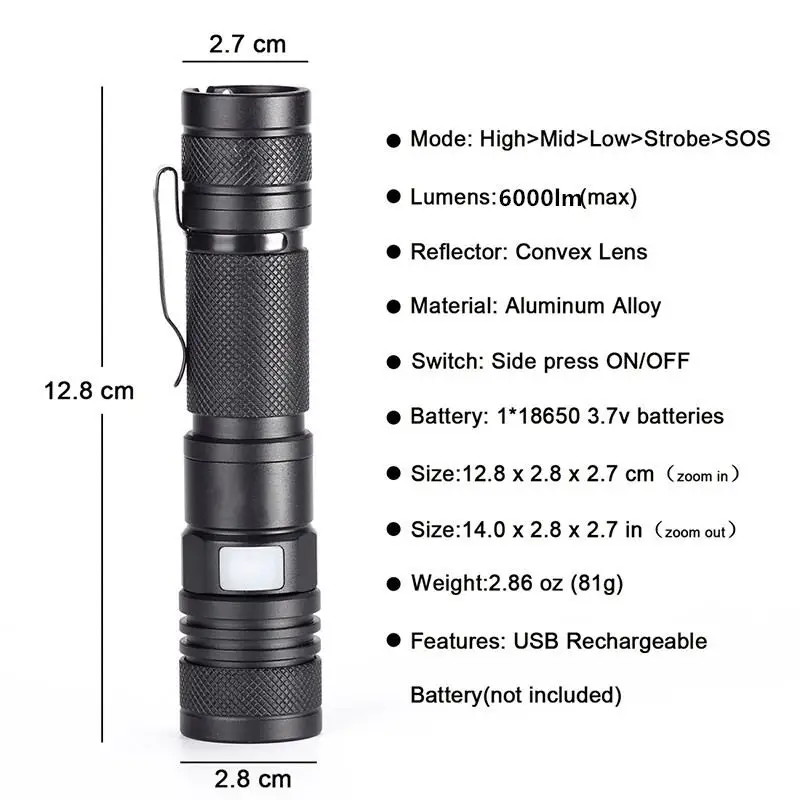XML-L2 светодиодный фонарик с зумом USB перезаряжаемый портативный мини-фонарь для охоты+ usb-кабель
