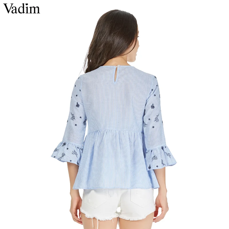 Vadim Милая плиссированная рубашка с цветочной вышивкой в полоску, милая блузка с длинными рукавами и круглым вырезом, женские повседневные брендовые топы, блузы