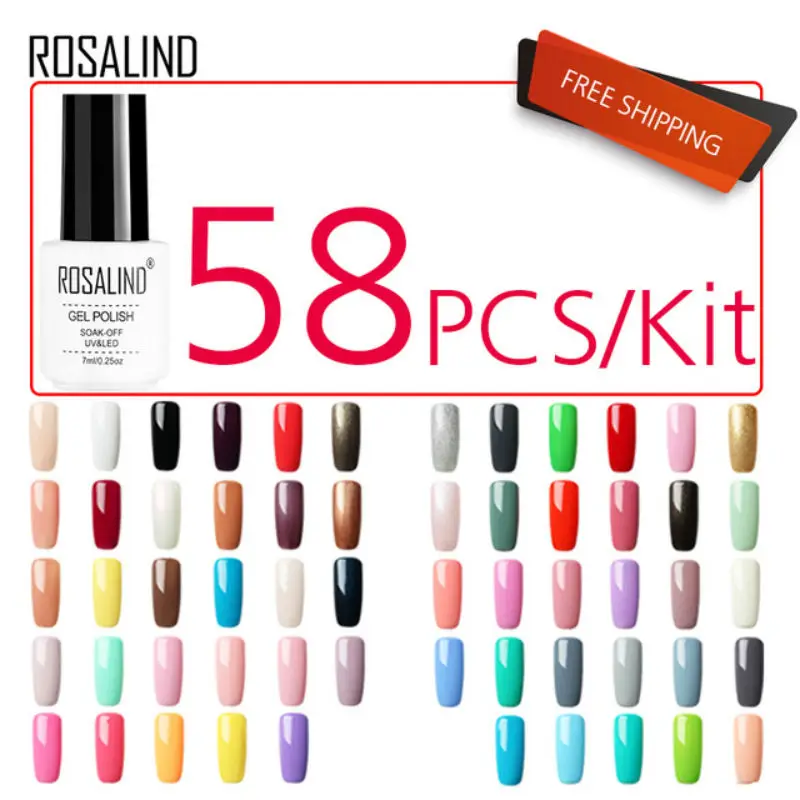 ROSALIND 58PCS/LOT Pure Color Nail Gel Polish Set For Manicure Nail Art Long Lasting Soak Off Gel Lacquer UV Nail Primer Kit