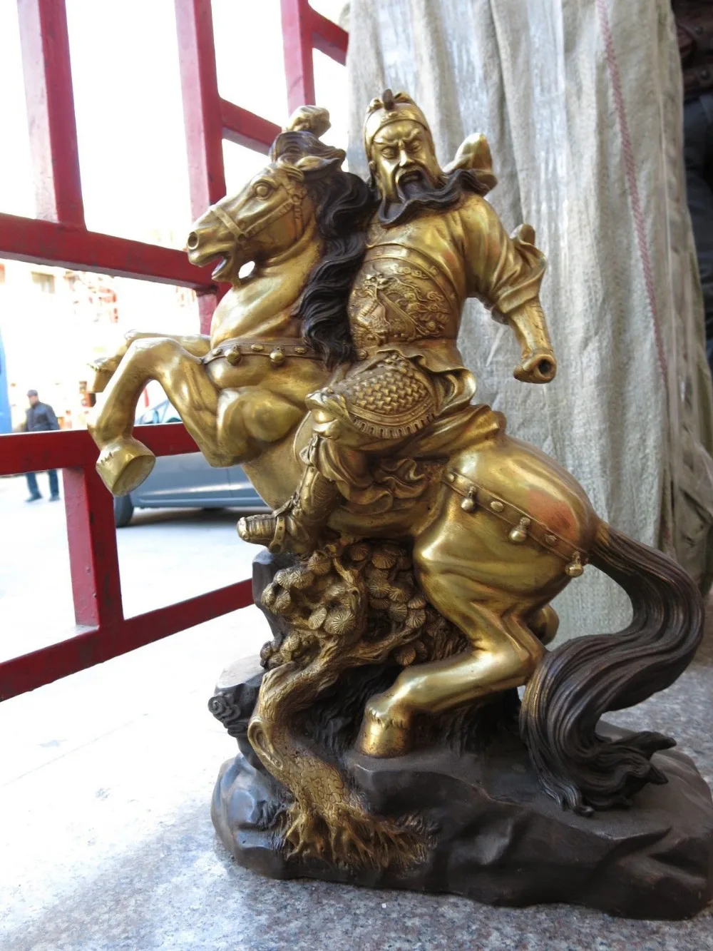 

20" Chinese bronze gild finely ride a horse Guan Gong buddha Sculpture Statue