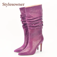 Stylesowner плиссированные женские сапоги до колена пикантные стилеты на высоком каблуке для выступлений на сцене шикарные Подиумные ботинки с рюшами и острым носком