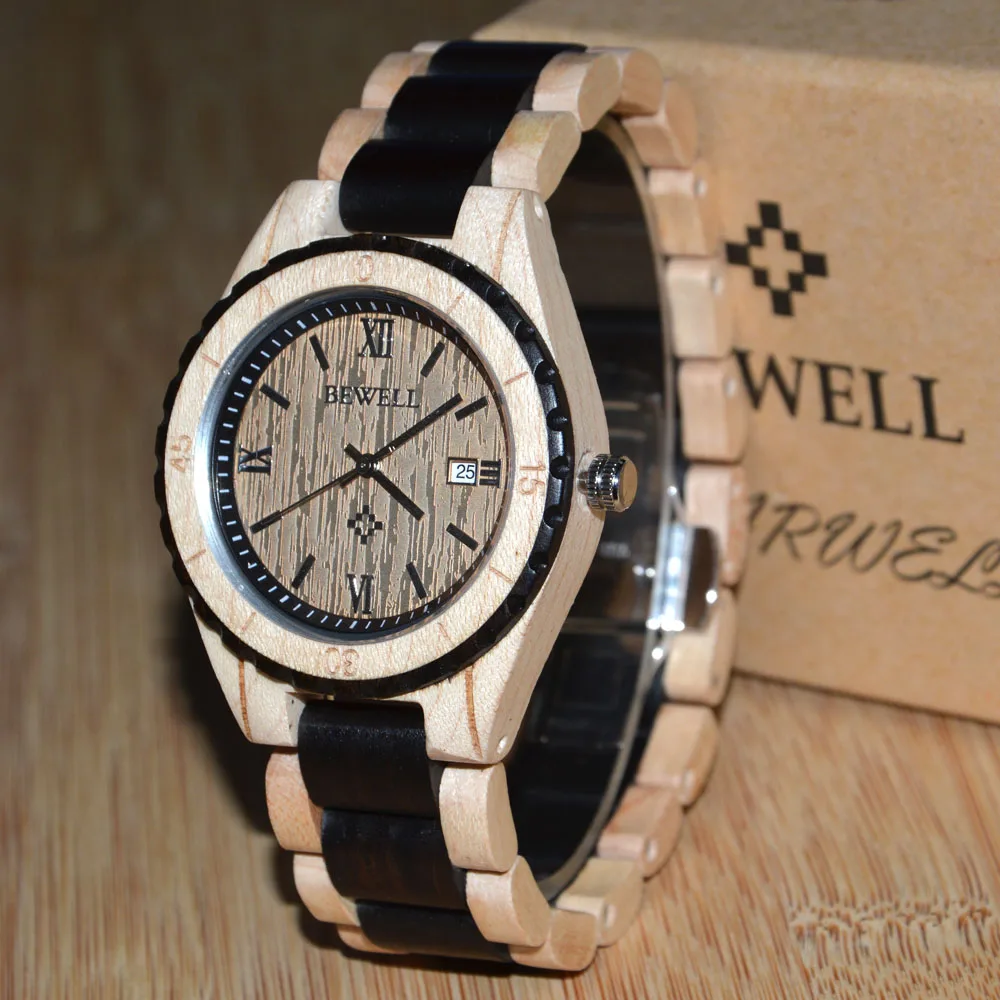 

BEWELL Mens Luxury Brand Watch Simple Big Dial 100% Natural Wood Quartz Wristwatches with Calendar Perfect Gift for Family 128AG