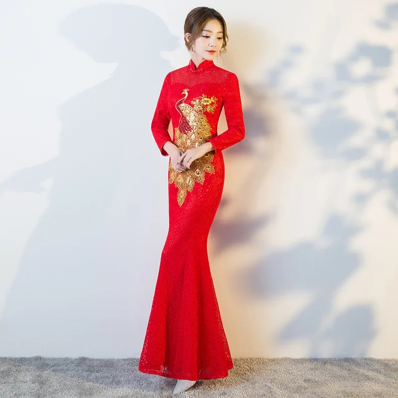 

Red Lace Embroidery Cheongsam Long Qipao Women Traditional Chinese Dresses Retro Dressing Gown Evening Dress Robe Orientale