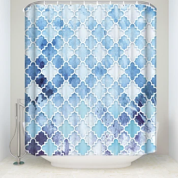 

Waterproof Moroccan Pattern Shower Curtain with Hooks Polyester Fabric Watercolor Geometric Bathroom Curtains for Home Decor