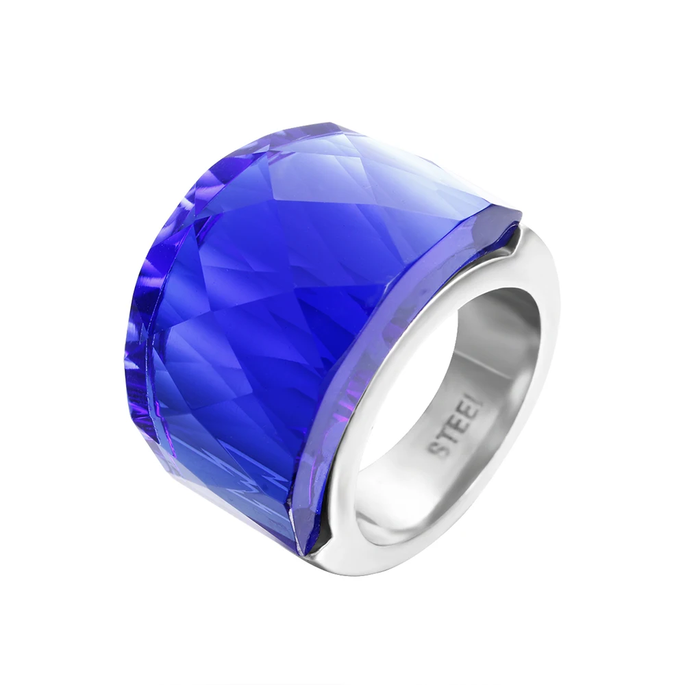 

ZMZY 2019 Big European Stainless Steel Ring Blue Stone Glass Rings For Women Ring Jewelry 4 Color to Choose