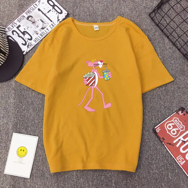 Милая женская футболка с изображением розовой пантеры из мультфильма; сезон весна-лето; Новинка; футболка с коротким рукавом и круглым вырезом из хлопка и спандекса; женские свободные топы