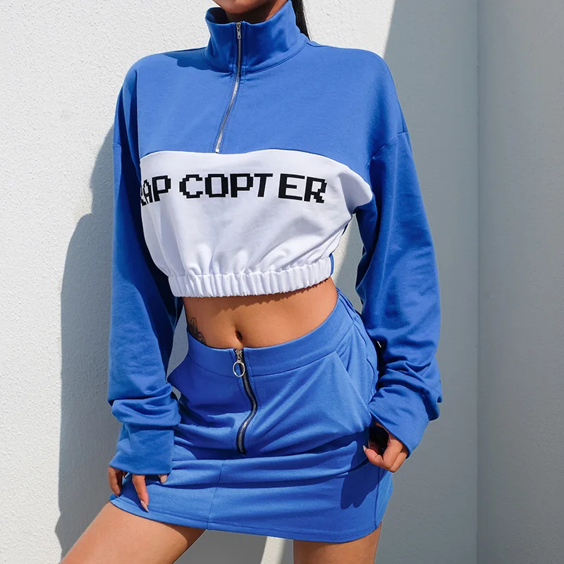 

Fashion Letter Print Turtleneck Zipper Fly Sexy Two Piece Women Tracksuit Set Splicing Crop Hoodie Sweatshirt Mini Skirt Outfits