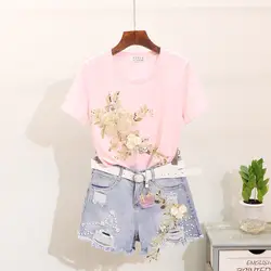 2019 женский летний костюм с крупными блестками вышитый цветок с коротким рукавом футболка + рваные джинсы шорты наборы
