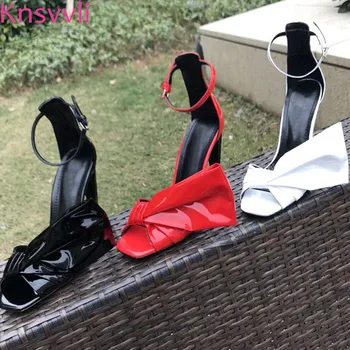 

Knsvvli Bowknot Peep Toe Black High heel Shoes Woman Patent Leather Fashion A Word Buckle Cover Heel Spike Heels Women Sandals