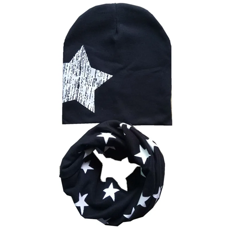 Коллекция года, осенне-зимний детский комплект с шапкой со звездой и смайликом, детский головной убор на весну, теплые детские вязаные шапки с воротником, комплекты хлопковая детская шапка и шарф - Цвет: black big star set