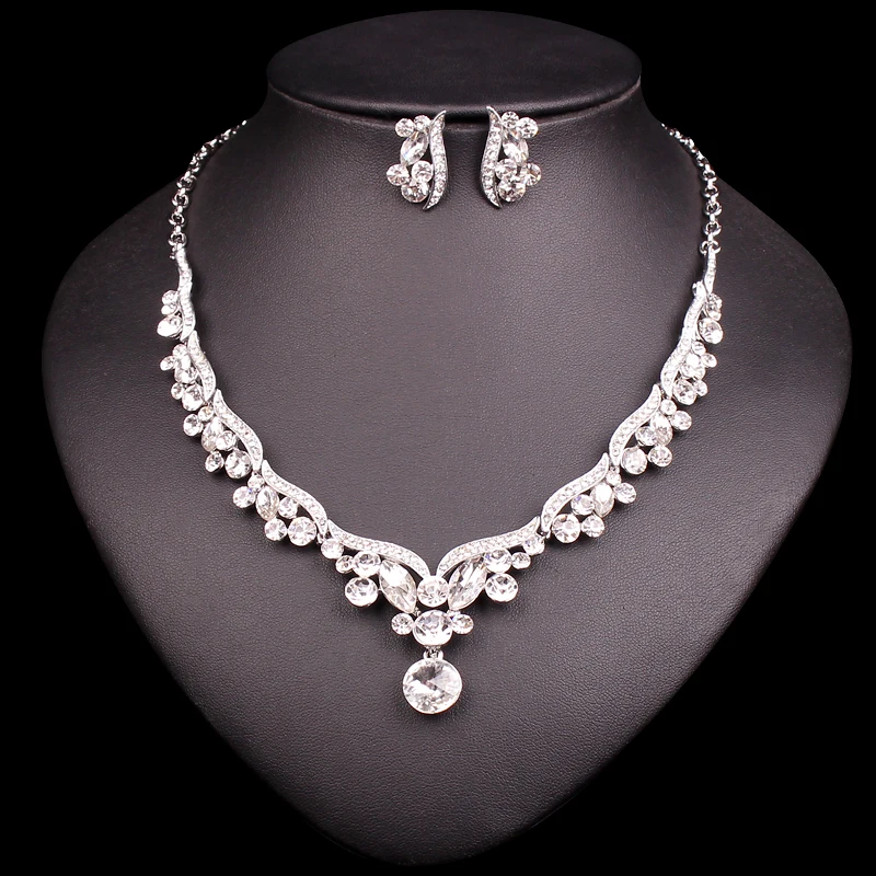 Женский ювелирный комплект из колье и серёг с кристаллами|crystal bridal jewelry set|costume
