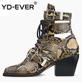 

YD-EVER Snake Skin Genuine Leather Boots Woman Pointed Toe High Heels Ankle Boots Buckle Lace Up Women Boots