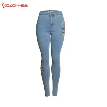 

Women Stretch Embroidery Jeans With High Waist Elasticity Plus Size Pencils Blue Denim Pants Casual Fashion Jeans For Girls