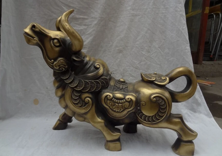 

USPS to USA S1676 21" Chinese Bronze Home Set FengShui RuYi Coin Wealth Strong Bull Ox Statue (B0413)