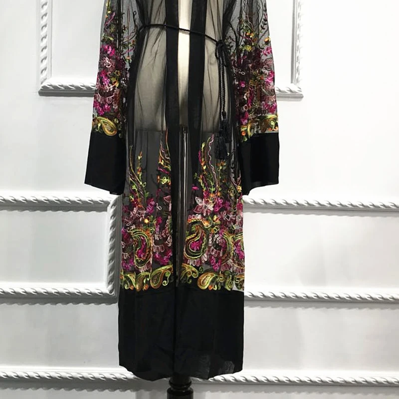 Plus Size Long Kimono Mujer 2019 Sexy Abaya Muslim Women Floral Embroidery Chiffon Mesh Cardigan Blouse Roupas Feminina Clothing