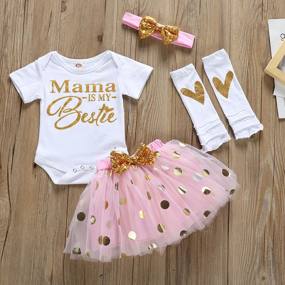 

Baby Girls Mama is My Bestie Outfit Romper Shirt Tutu Skirts Dress with Headband Leg Warmers 4Pcs Set