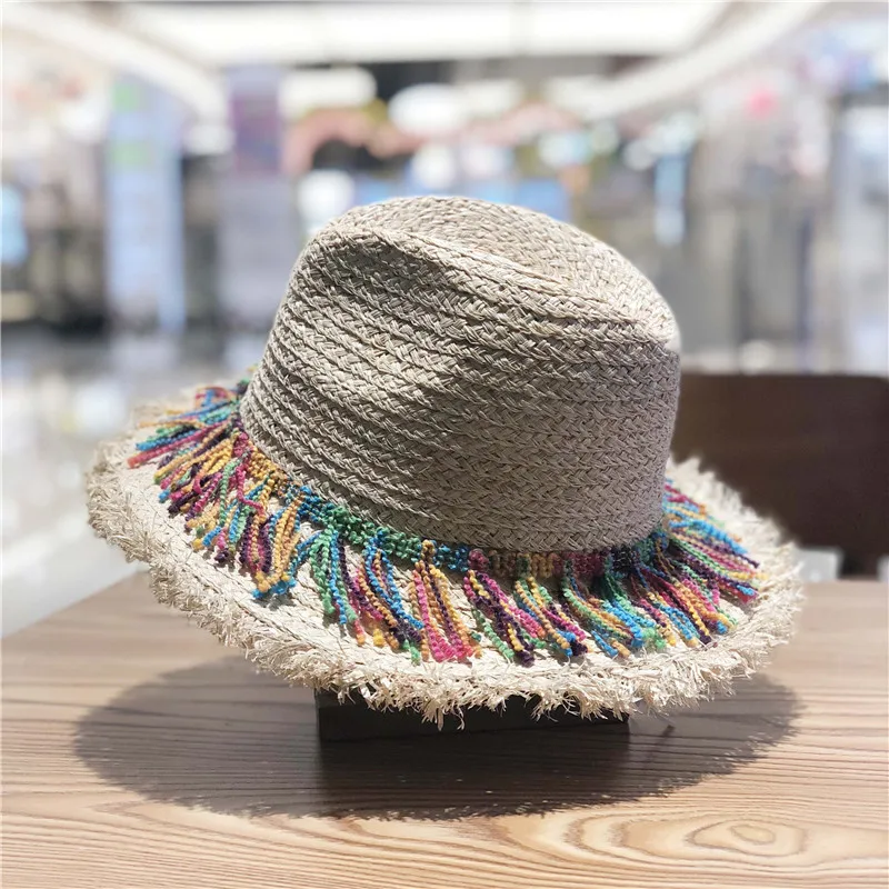Женская Соломенная пляжная шляпа с лентами и кисточками|beach hat|fashion beach hatfashion sun hats |