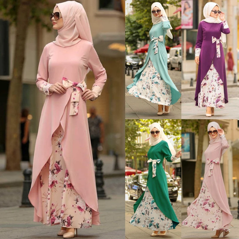 

Lugentolo Women Summer Muslim Dress Plus Size Long Sleeve Print 5XL Bow Splice Round Neck Vintage National 4 Colors Dresses