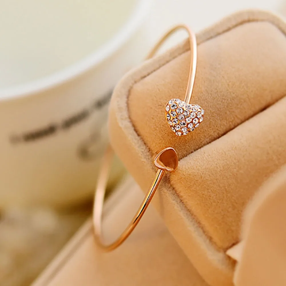 100pcs Fashion Gold Adjustable Crystal Double Heart Shaped Metal Cuff Bracelets & Bangle