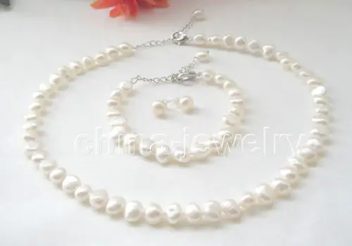 

17-19" 8-9mm white baroque freshwater pearl necklace + bracelet + earring^^^@^Noble style Natural Fine jewe FREE SHIPPING