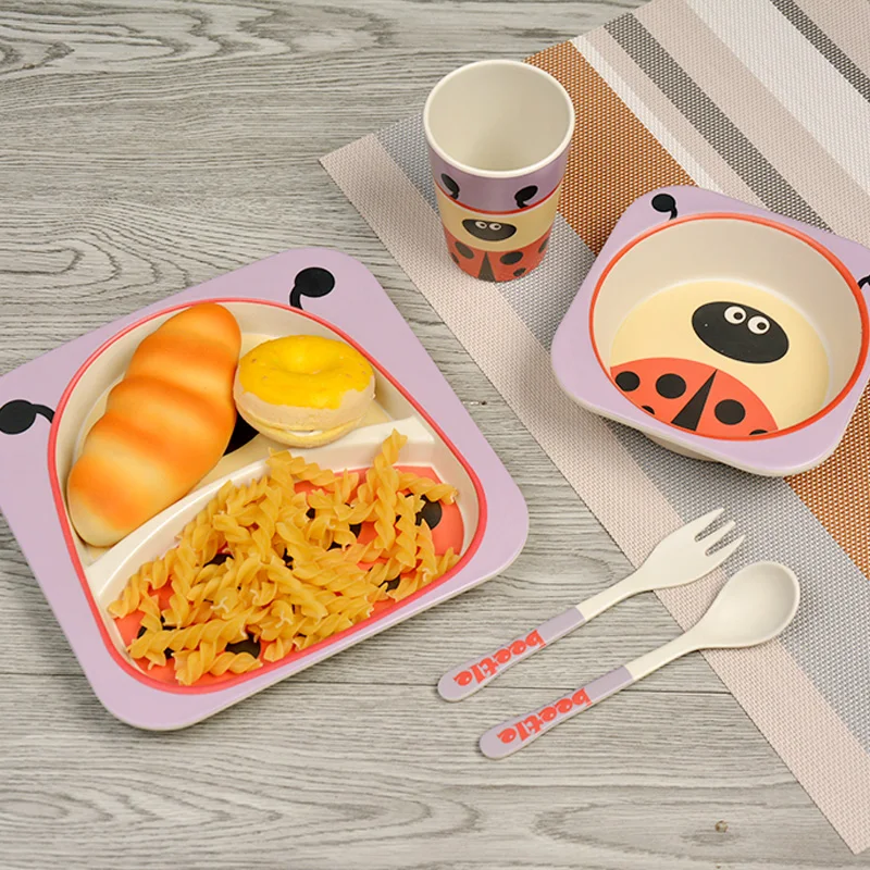 5 pcs/set  Bamboo Fiber Children's Tableware Set Baby Feeding Plate Set Bowl Cup Spoon Fork Cartoon Baby Dinnerware Kids Dishes