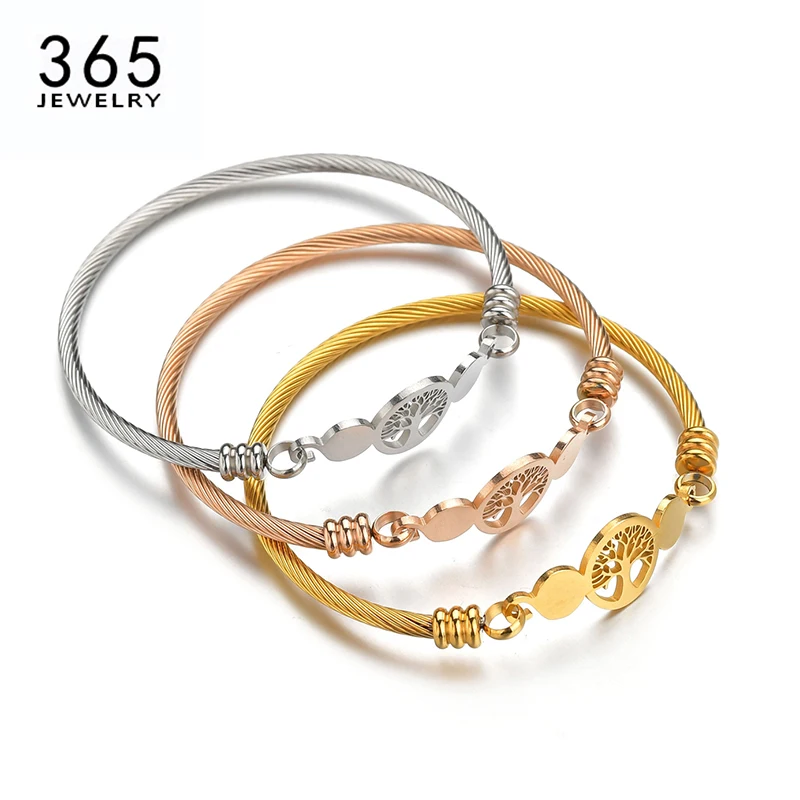 Fashion Stainless Steel Hollow Tree of Life Bracelets Women Men Gold Color Lucky Round Bangle Jewelry Gift