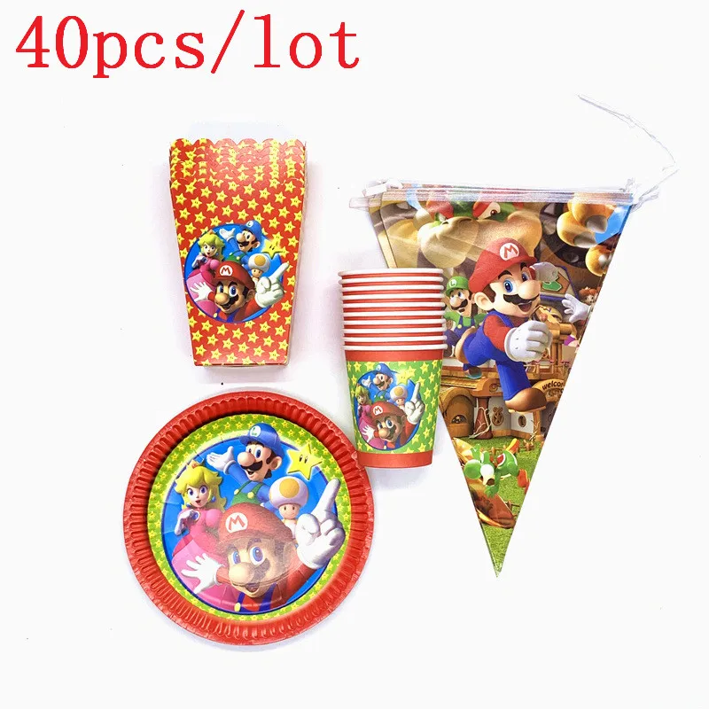 

40Pcs Super Mario Theme Tableware Baby Shower Boy Girl Happy Birthday Decoration Paper Cups Plates Tablecloth Party Supply
