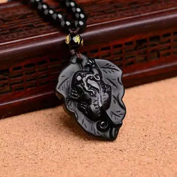 

Free shipping Natural obsidian leaves necklace pendant with rope