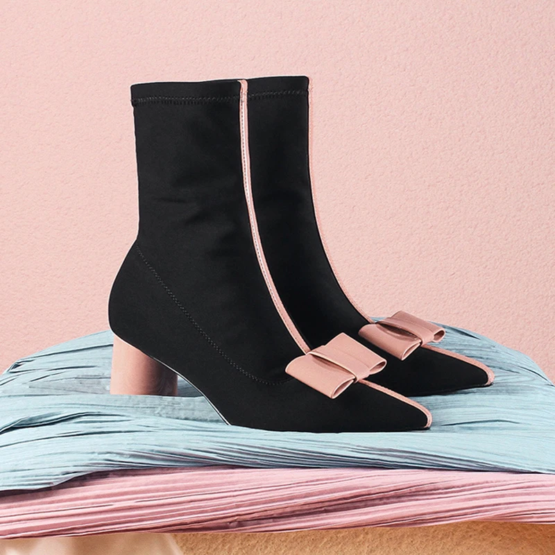 Boussac Pink Bowtie Ankle Boots for Women Stretch Fabric
