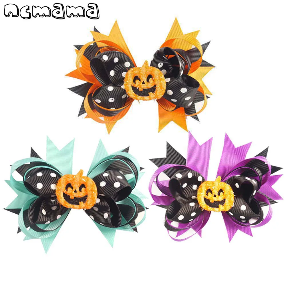 

2Pcs/lot 5" Halloween Funny Pumpkin Hair Bows for Girls Dots Printed Hairgrips Ribbons Hair Clips Party Kids Hair Accessories
