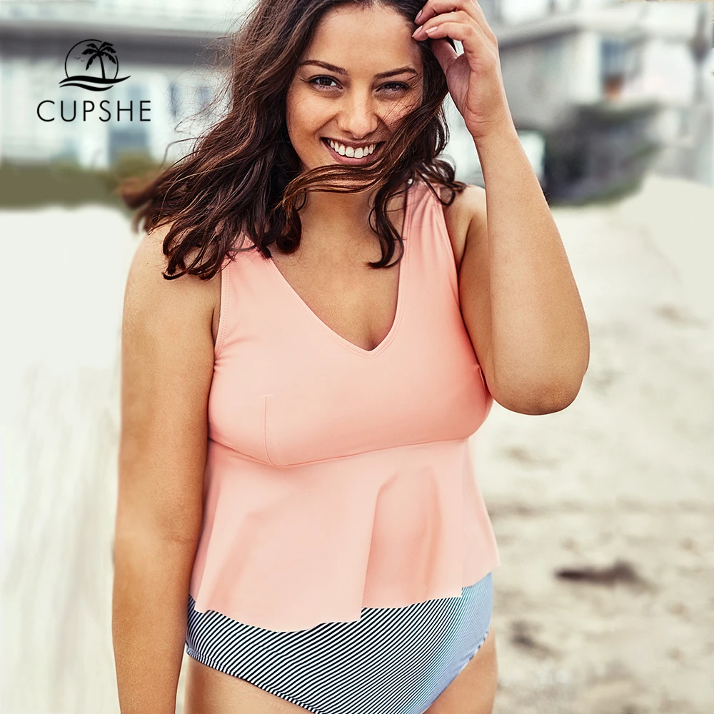 Billig CUPSHE Plus Größe Rosa Tank Top Ruffled Bikini Sets Frauen Sexy Zwei Stück Badeanzüge 2020 Mädchen Strand Badeanzüge Bademode