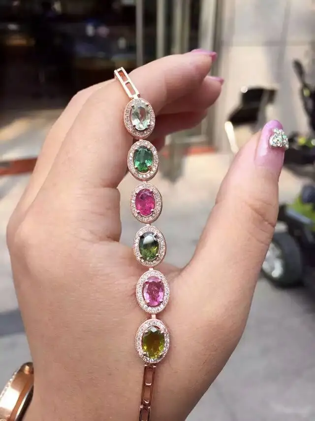 Bracelet tourmaline multicolore naturel Bracelet pierre naturelle 925 bracelet argent femme mode ro