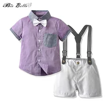 Летние товары первой необходимости для детей, детская одежда для маленьких мальчиков фиолетовая футболка с коротким рукавом+ шорты+ подтяжки+ галстук-бабочка, костюм для мальчиков комплект одежды из 3 шт./компл