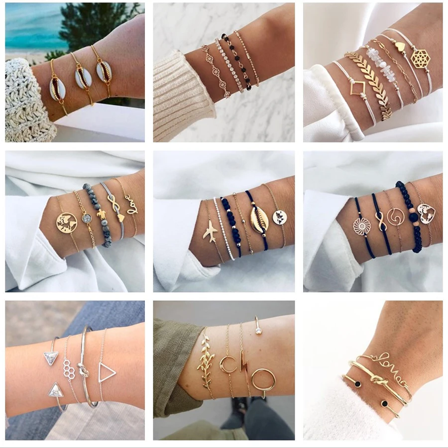 

docona Summer Beach Heart Shell Arrow Bracelets Bangle Set for Women Girl Open Adjustable Layering Bracelet Set Anklet