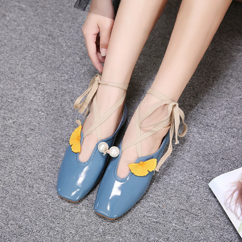 

2019 spring new lace-up green flat bottom square head soft breathable ballet single shoes layer leather cloth Casual Yasilaiya