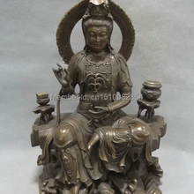 1" Китайский Чистая Бронзовый Буддизм Лотос Набор Кван-Инь Гуань Инь Лев Чаша Статуя