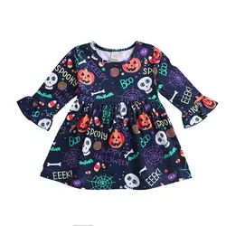 Платье одежда для малышей Девушки тыквы с расклешенными рукавами платье с мультипликационным принтом Хэллоуин для девочек 2018 Disfraz Infantil # J3