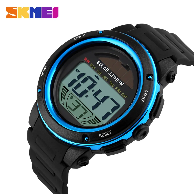 Новые SKMEI часы на солнечной энергии мужские спортивные часы цифровые Masculino водонепроницаемые наручные часы Relojes Homme De La marca Erkek Kol Saati - Цвет: Blue