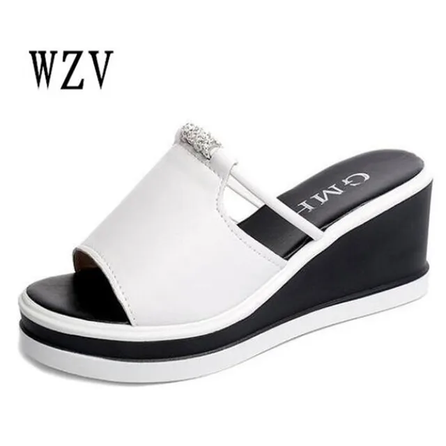 Women Slipper Sandals Heels Wedges Platform Leather Peep toe Crystal Elegant Female Sandals Ladies Mules clogs Summer Shoes B63