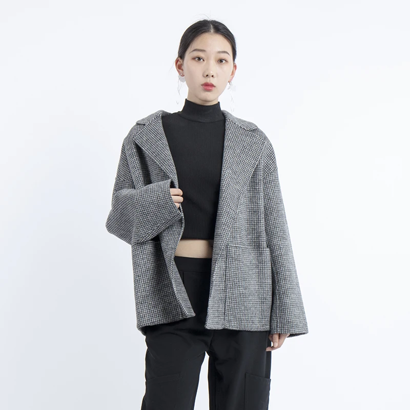 

2019 korean wool winter coat women casaco feminino ladies coats black and red Plaid Trench Woolen Blend Casual Loose short coat
